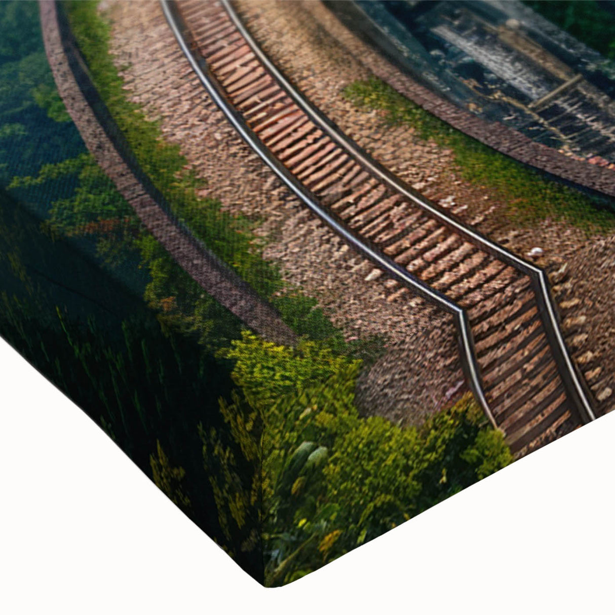 Black and white photo of a train in motion on a stretched canvas, ideal for bedroom landscape art.