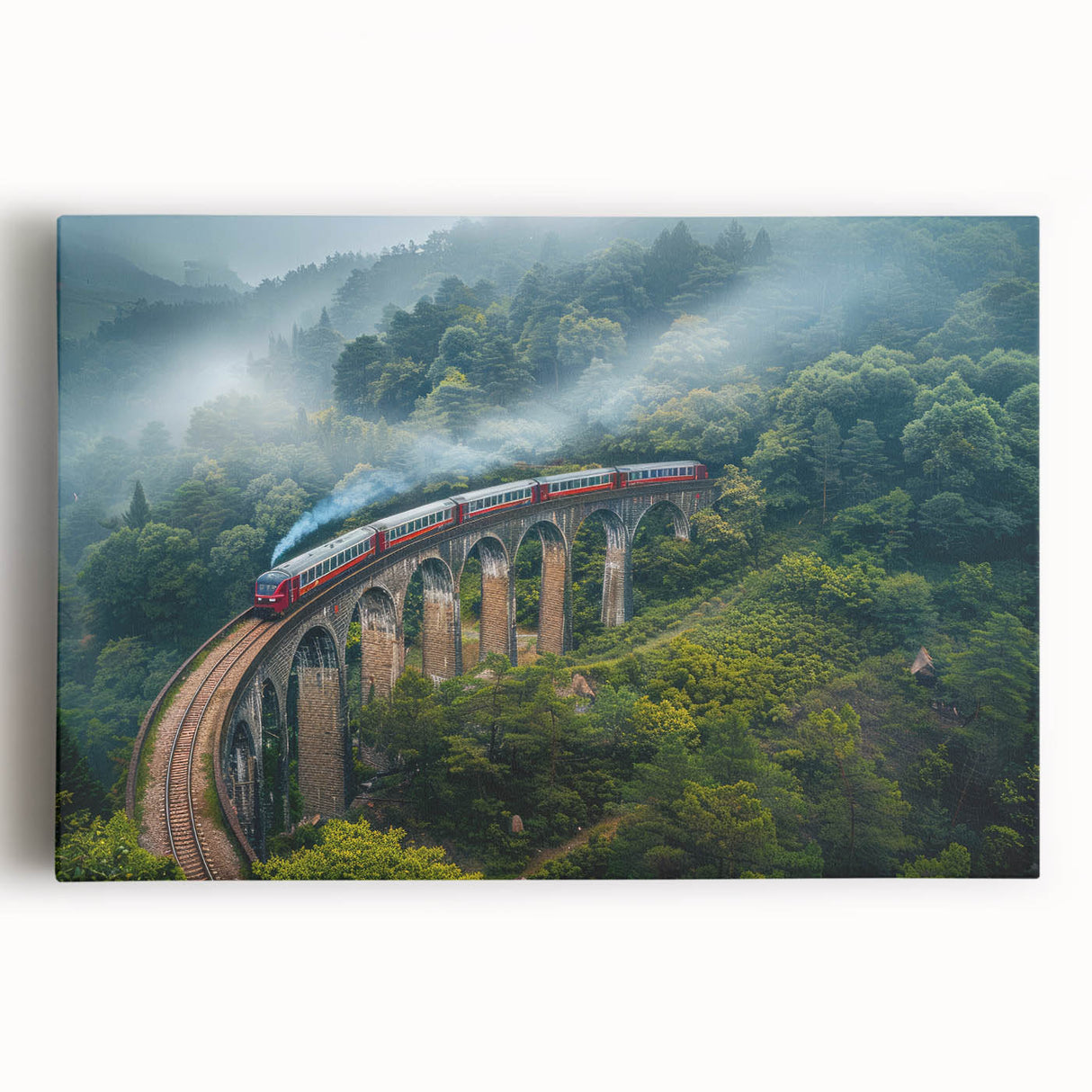 Black and white photo of a vintage train on stretched canvas, suitable for kitchen wall art.