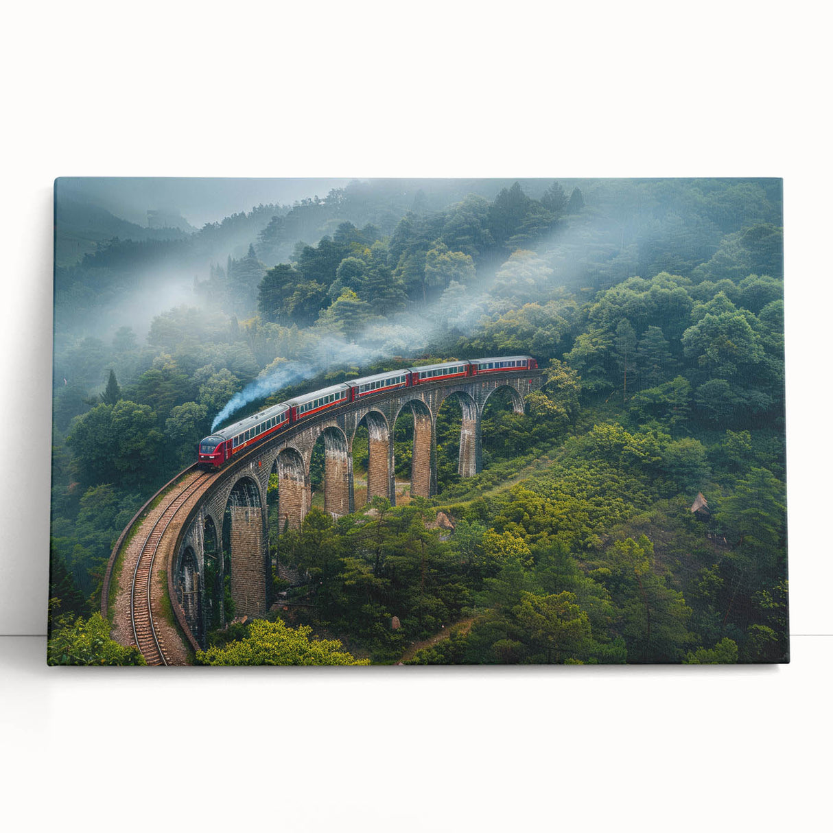 Black and white photo of a vintage train on stretched canvas, ideal for kitchen wall art or bedroom ambiance.
