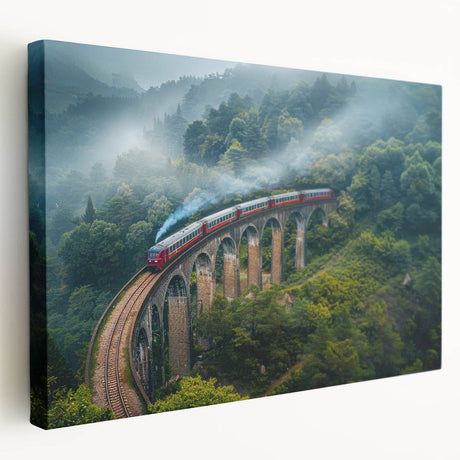 Side view of a vintage train on a stretched canvas, featuring muted earth tones, ideal for kitchen wall art.