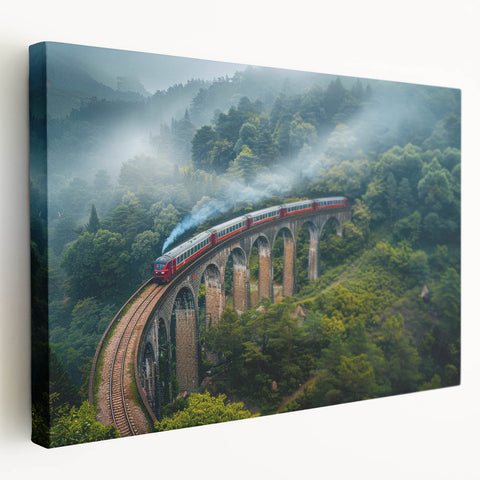Side view of a vintage train on a stretched canvas, featuring muted earth tones, ideal for kitchen wall art.