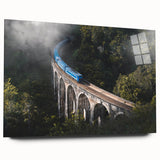 Acrylic print of a side-view train in muted metallic tones, ideal for bedroom or dining room art.