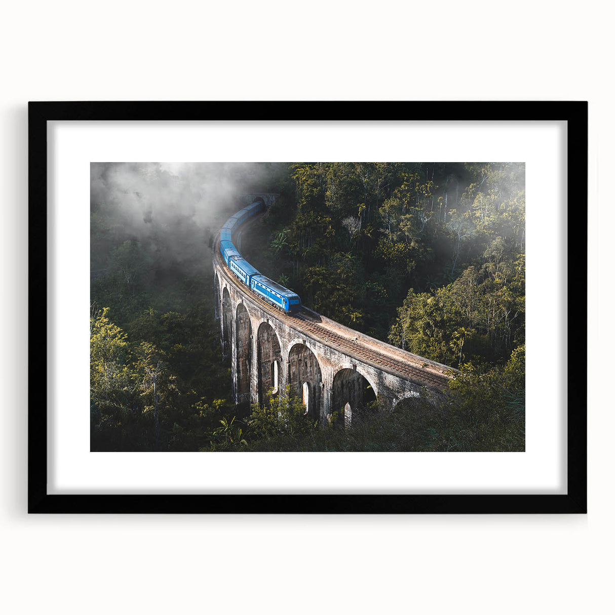 Abstract art print of a colorful, textured train on black-framed canvas, ideal for extra large wall art in a living room.