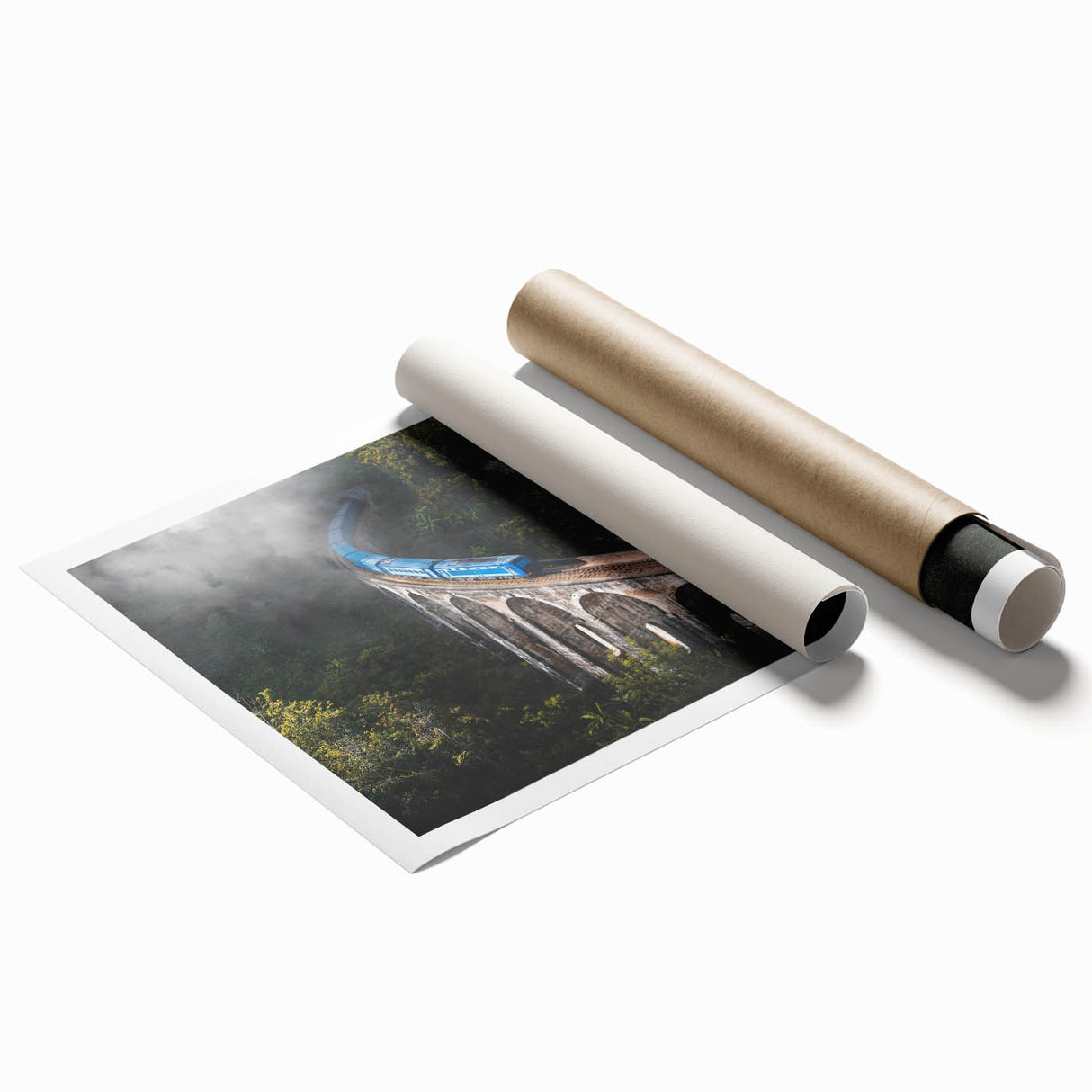 Extra large rolled print of a vintage train in muted earth tones, ideal for classy bathroom wall art.