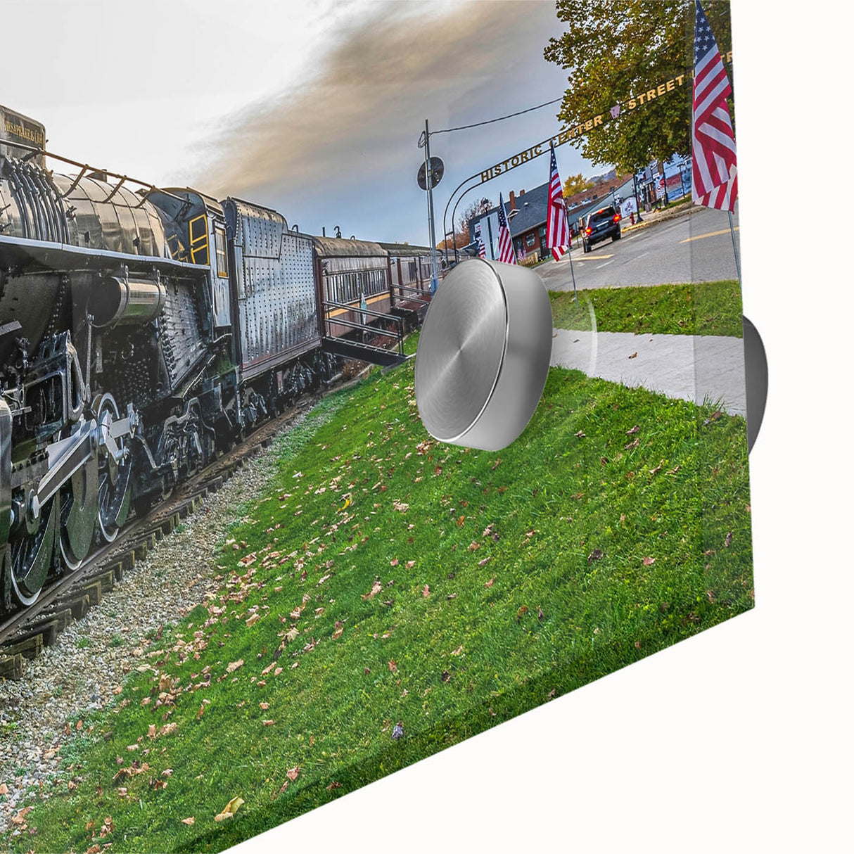 Acrylic print of a mid-century modernist abstract train, in muted gray and blue, ideal for dining room art.