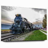 Side view of a large abstract train print in muted metallic tones on acrylic glass, suitable for bedroom or dining room art.