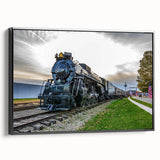 Black and white framed canvas featuring a vintage train landscape, ideal for bedroom wall decor.