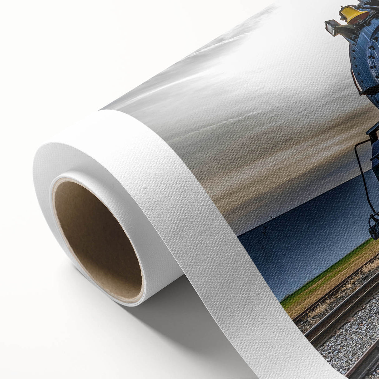 Art deco style train illustration in muted blues and grays on rolled canvas, ideal for nursery wall art.