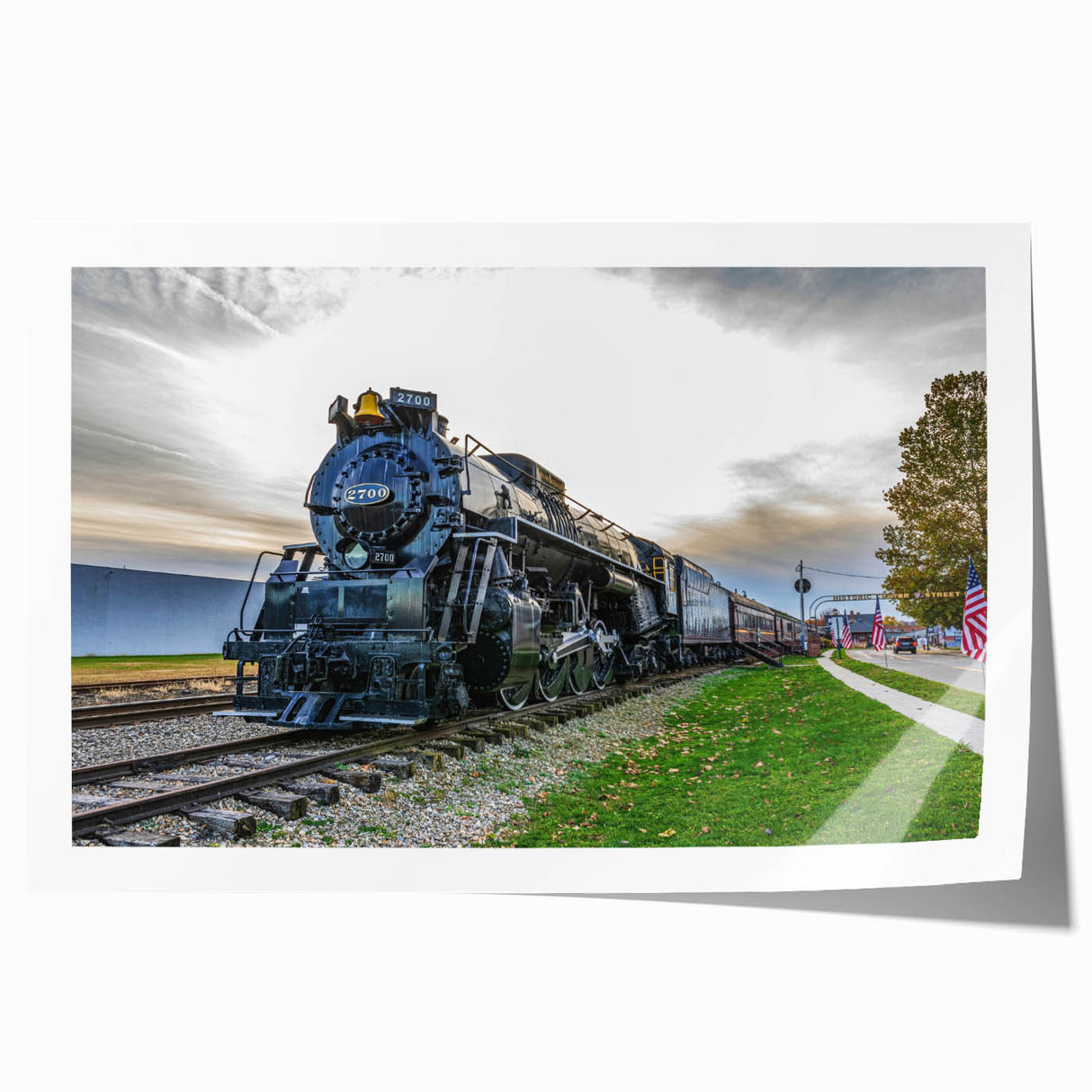 Extra large rolled print of a vintage train in muted earth tones, suitable as art wall dining room decor.
