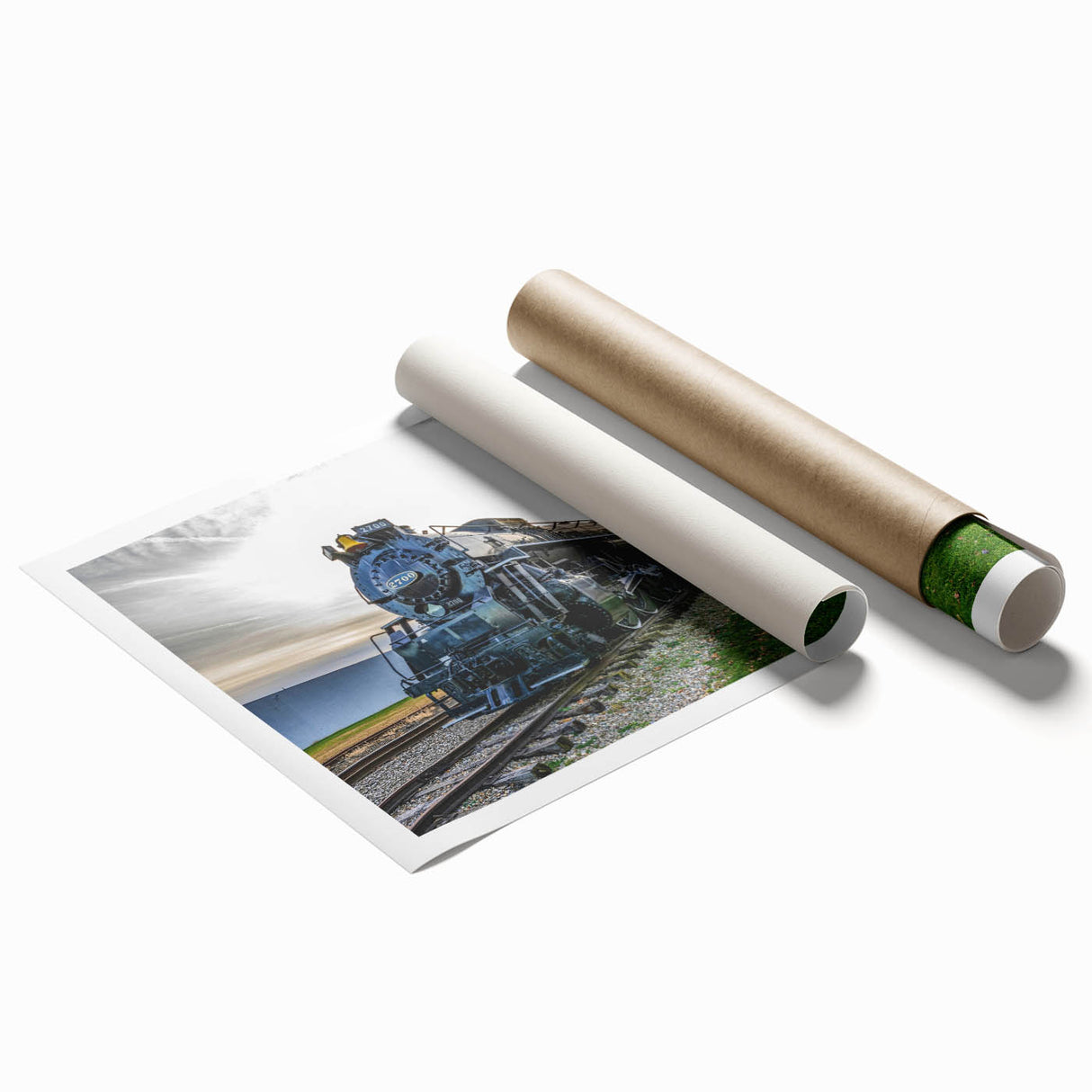 Extra large rolled print of a vintage train in muted sepia tones, ideal for classy bathroom wall art.
