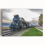 Black and white photo of a vintage train on stretched canvas, ideal for kitchen wall art.