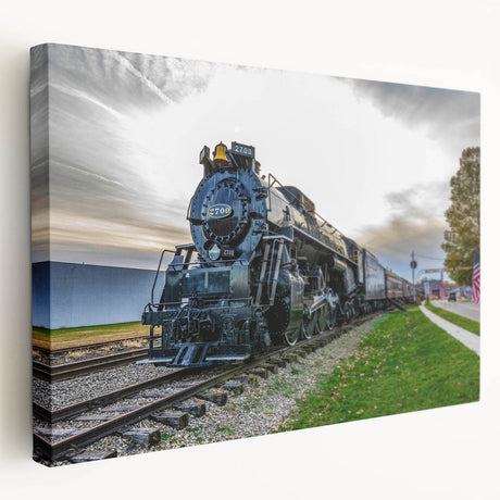Side view of a vintage train in muted earth tones on a stretched canvas, ideal for kitchen wall art.
