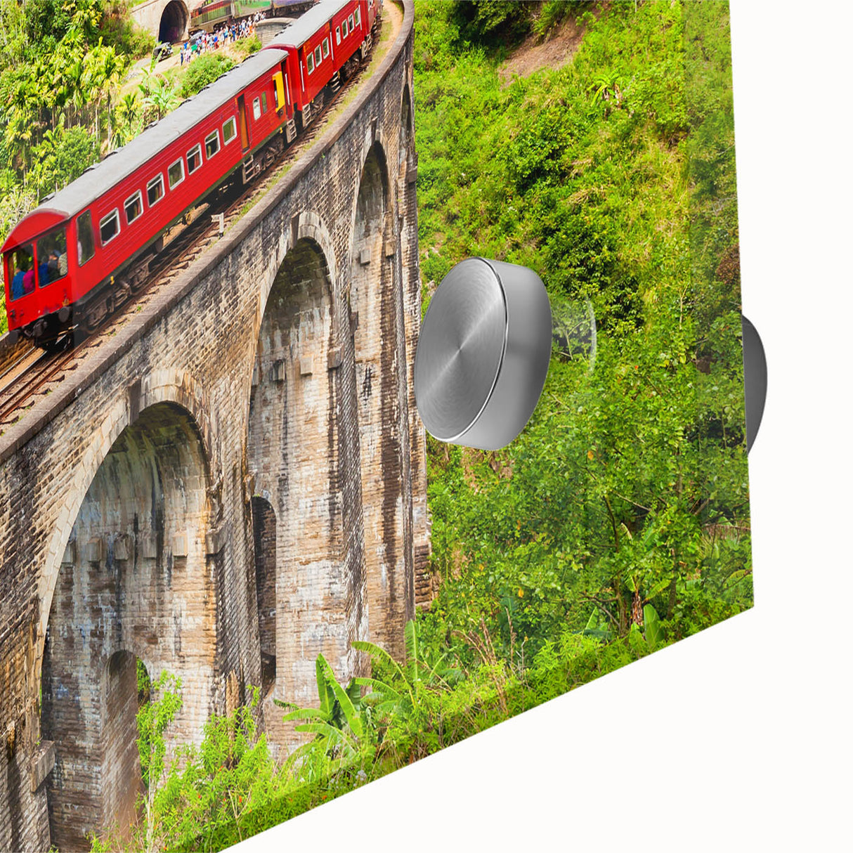 Mid-century modernist train artwork in muted earth tones on acrylic glass, ideal for dining room art.