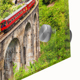 Mid-century modernist train artwork in muted earth tones on acrylic glass, ideal for dining room art.