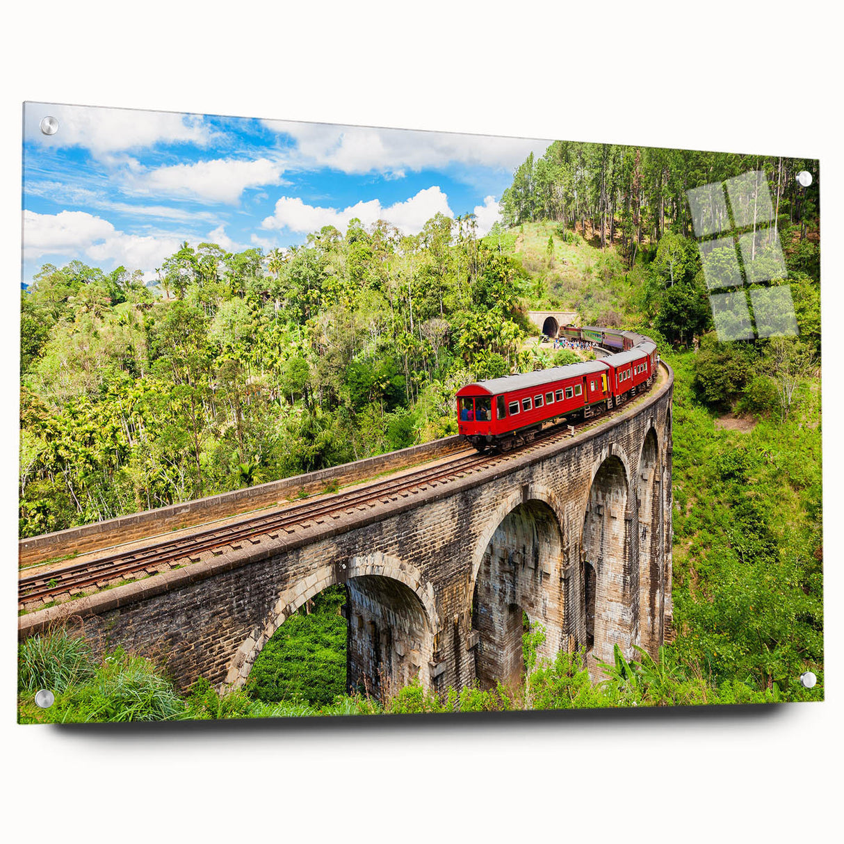Side view of a large abstract train art on acrylic glass with vibrant colors, ideal for bedroom or dining room decor.