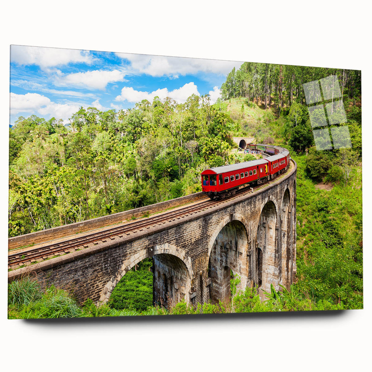 Large abstract wall art featuring a side view of a train in muted metallic tones, printed on acrylic glass.