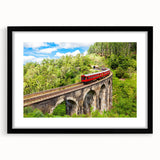 Abstract art print of a colorful train in textured style on extra large canvas, ideal for living room decor.