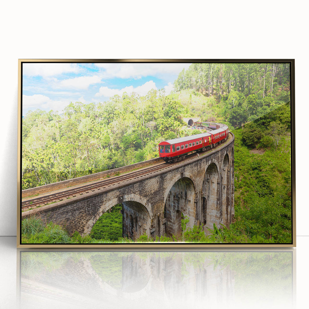 Mid-century modernist train illustration in muted earth tones on a framed acrylic, ideal for modern art wall decor.