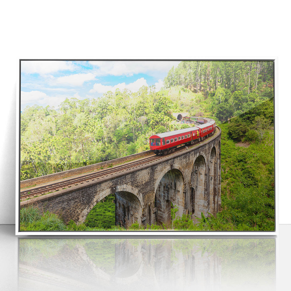 Art deco poster of a vintage train in muted earth tones on framed acrylic, ideal for nursery wall decor.
