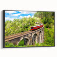 Black and white vintage train poster art on framed canvas, ideal for bedroom wall decor.