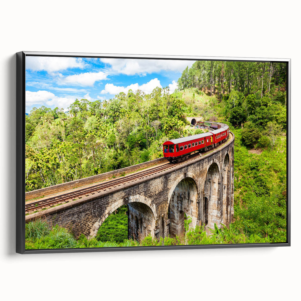 Black and white vintage train poster art on framed canvas, ideal for bedroom wall decor.