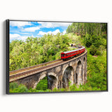 Black and white vintage train poster art on framed canvas, ideal for bedroom wall decor.
