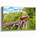 Landscape art painting of a vintage train in black and colorful hues on a silver-framed canvas, ideal for office decor.