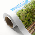 Art deco style train illustration in muted earth tones on rolled canvas, ideal for nursery wall art.