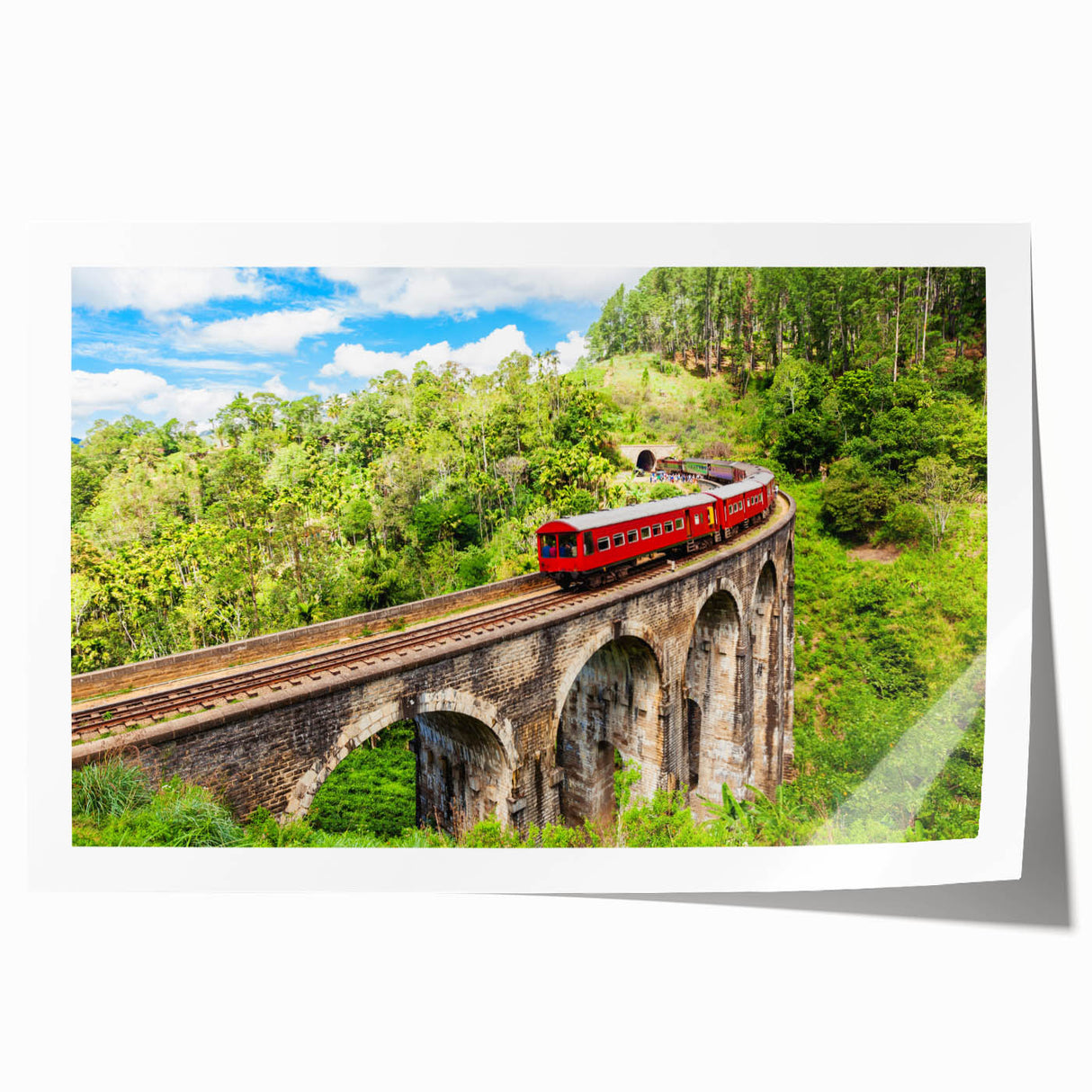 Vintage train illustration in muted earth tones on rolled print, suitable for art wall dining room.