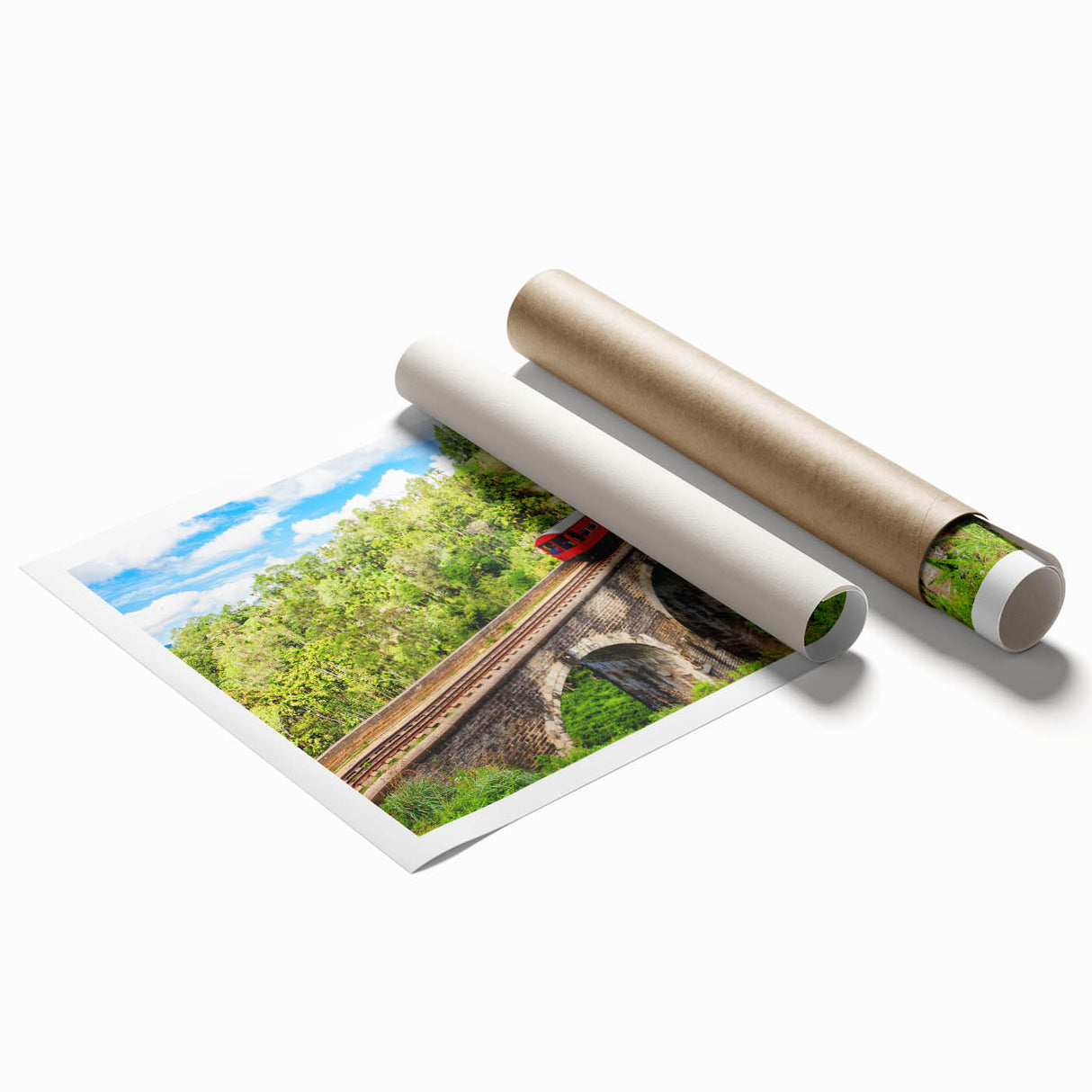 Extra large rolled print of a vintage train in muted earth tones, ideal for classy bathroom wall art.