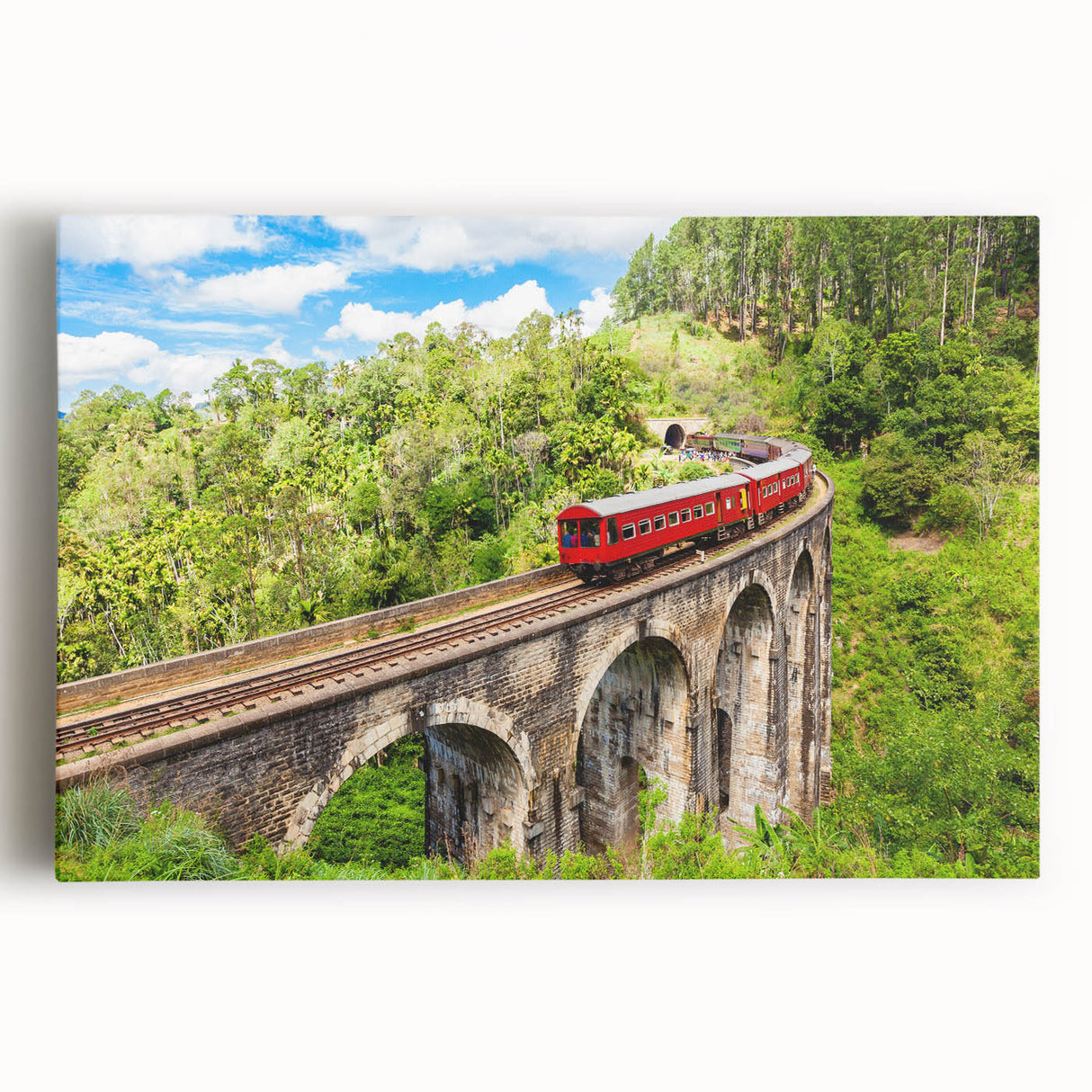 Black and white photograph of a vintage train on stretched canvas, suitable for kitchen wall art.