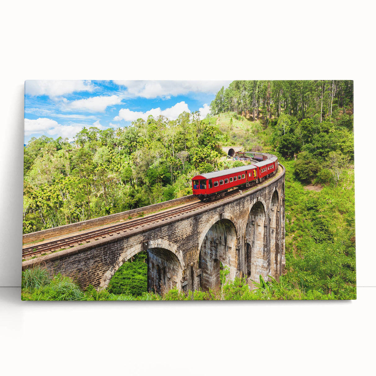 Black and white photo of a vintage train on stretched canvas, ideal for kitchen wall art or bedroom decor.
