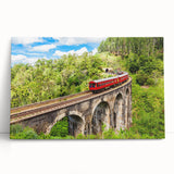 Black and white photo of a vintage train on stretched canvas, ideal for kitchen wall art or bedroom decor.