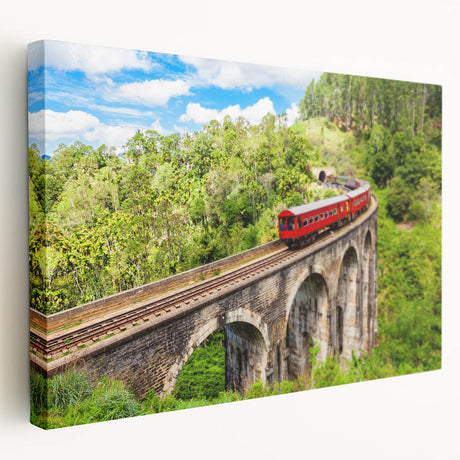 Side view of a vintage train on stretched canvas with muted earth tones, ideal for kitchen wall art.