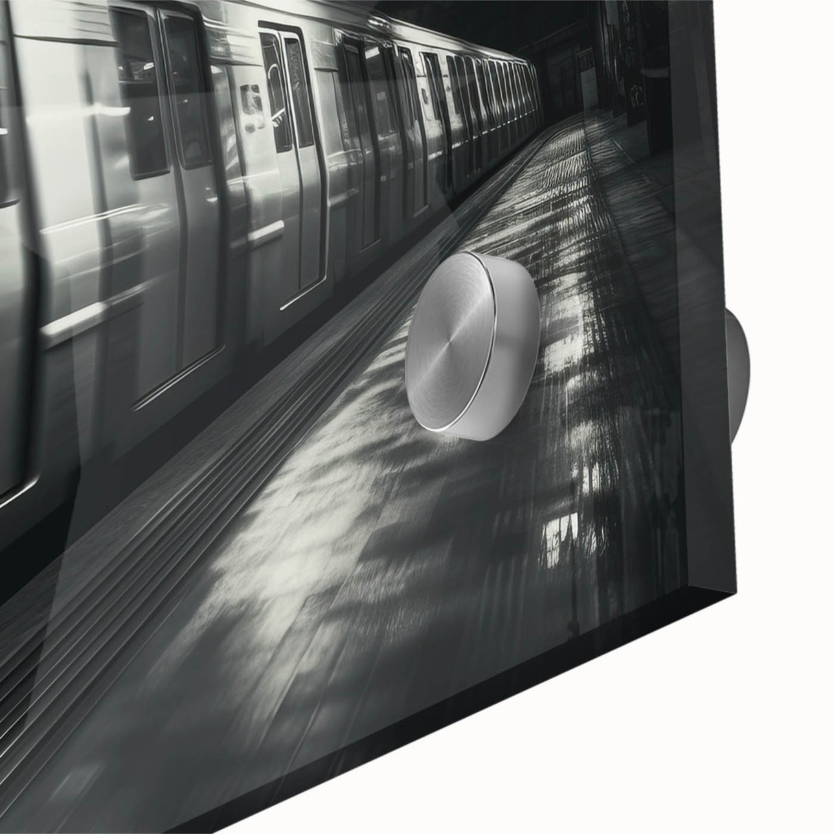 Mid-century modernist train art in vibrant colors on acrylic glass, suitable as large dining room art.
