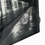 Mid-century modernist train art in vibrant colors on acrylic glass, suitable as large dining room art.