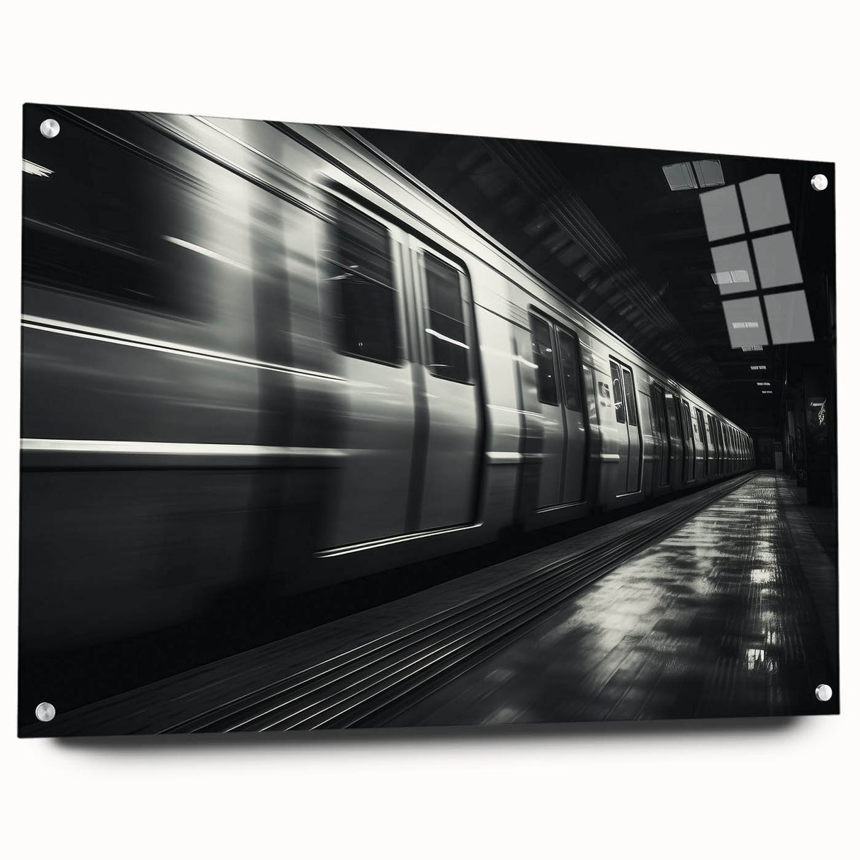Acrylic print of a side view train in muted metallic tones, ideal for dining room decor.