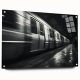Acrylic print of a side view train in muted metallic tones, ideal for dining room decor.