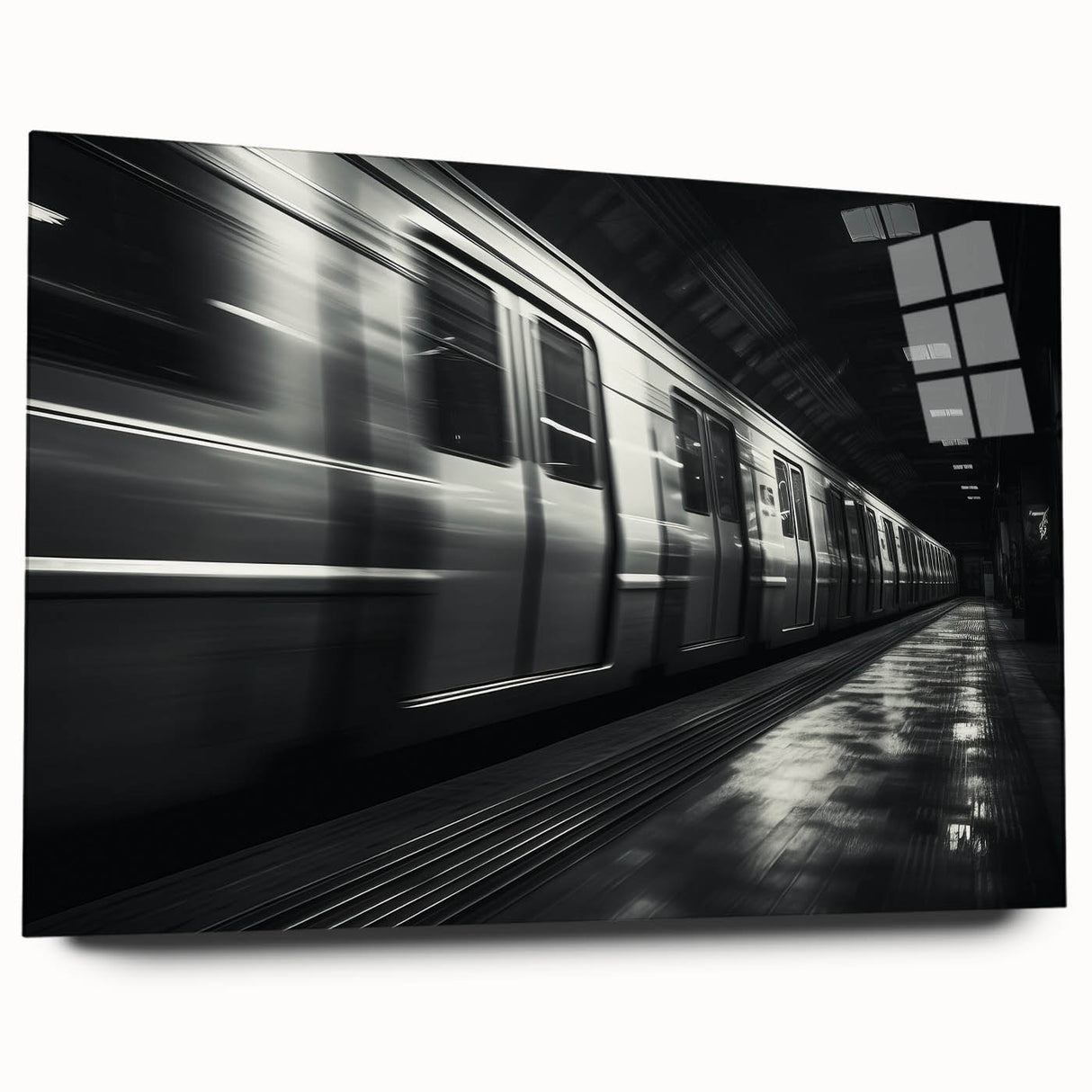 Side view of a large abstract train print on acrylic glass, in muted metallic tones, ideal for bedroom or dining room art.