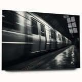 Side view of a large abstract train print on acrylic glass, in muted metallic tones, ideal for bedroom or dining room art.