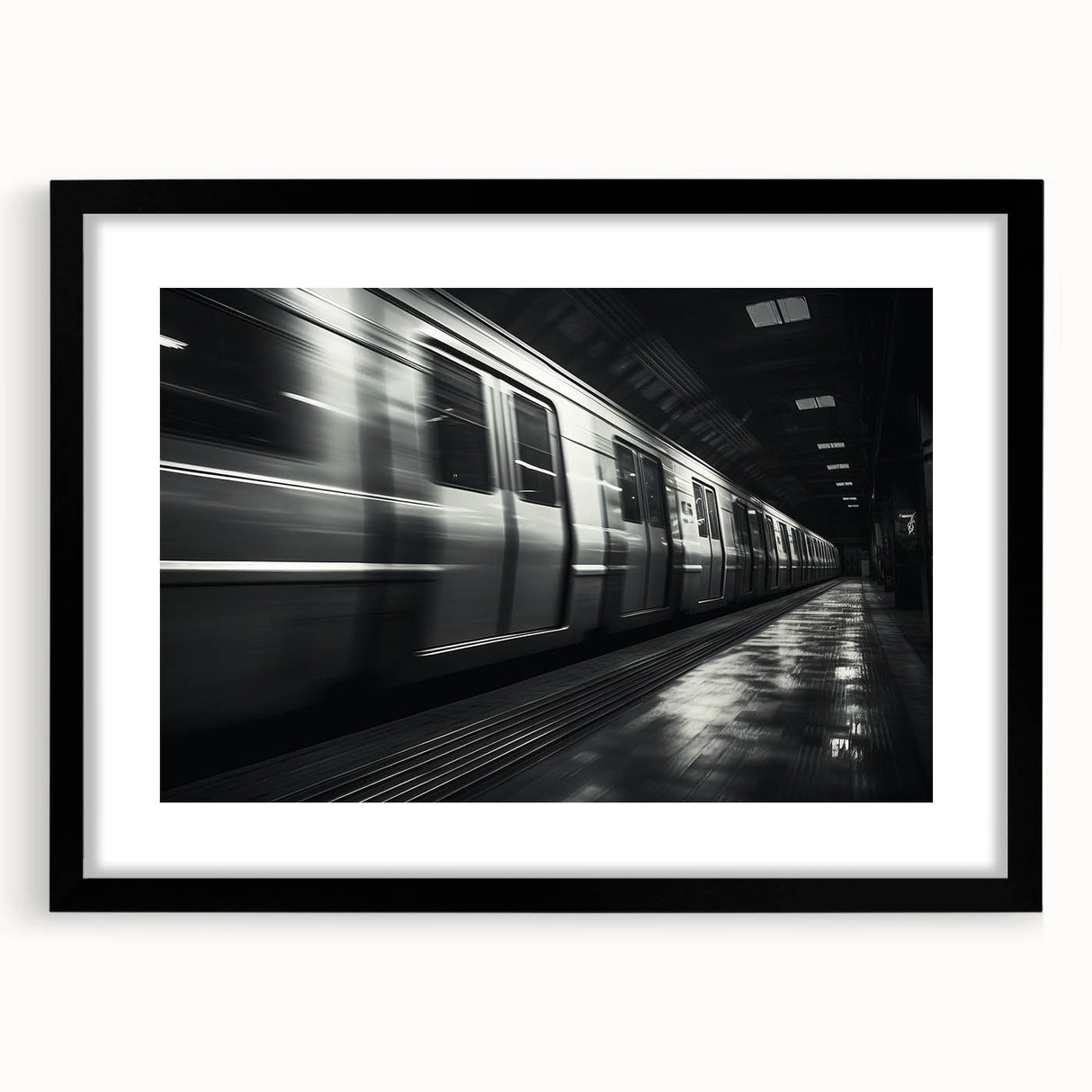 Abstract art print of a colorful, textured train on a black framed canvas, ideal for extra large wall art in a living room.