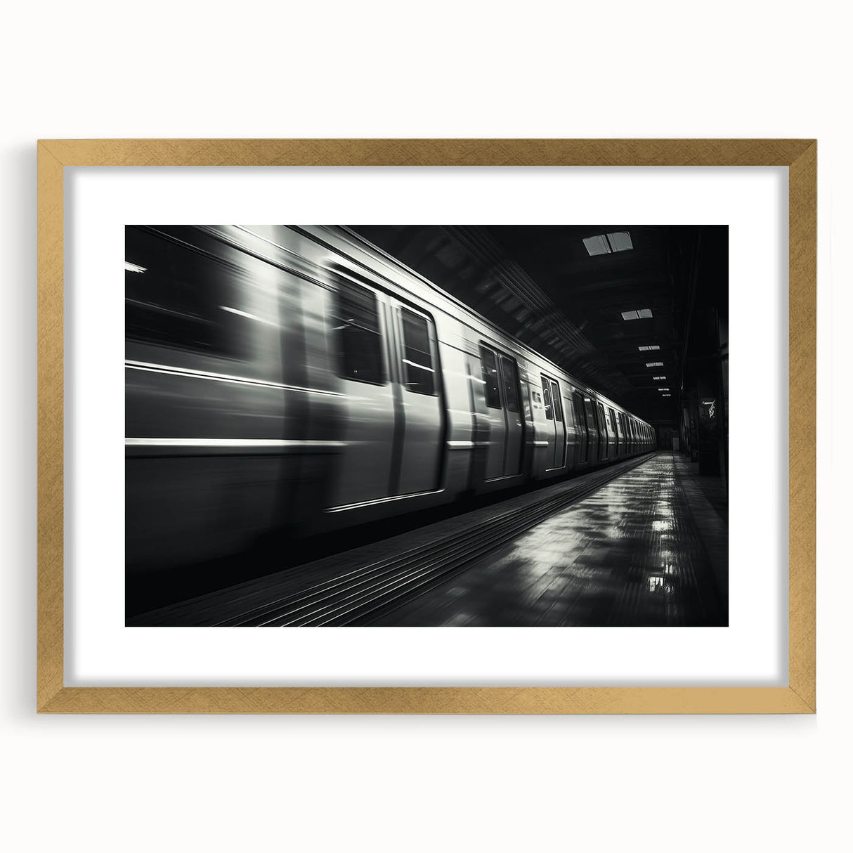 Extra large abstract art print of a train, featuring textured gold and black tones on a framed canvas.