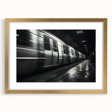 Extra large abstract art print of a train, featuring textured gold and black tones on a framed canvas.