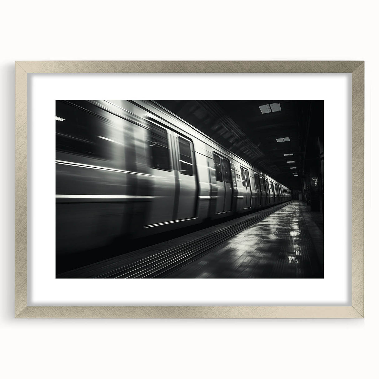 Textured art print of an abstract train design in muted gray and silver, framed with a silver mat.