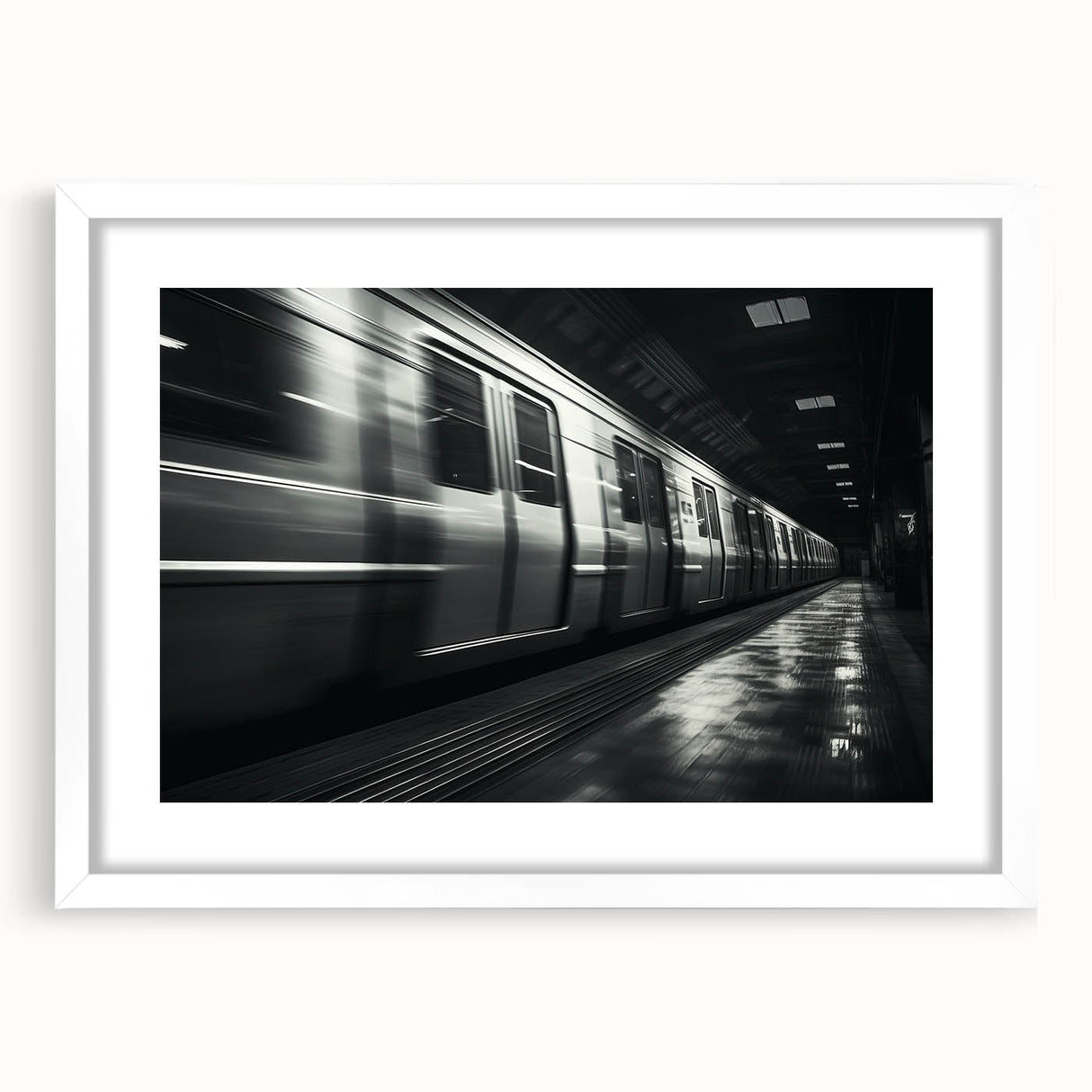 Abstract art print of a stylized train in muted gray and blue tones, framed with a white mat, suitable for dining room decor.