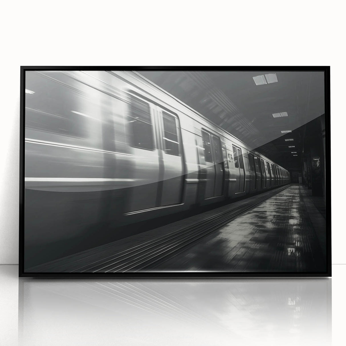 Large abstract wall art of a train in black and gray tones on a framed acrylic, suited for modern living room decor.