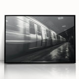 Large abstract wall art of a train in black and gray tones on a framed acrylic, suited for modern living room decor.