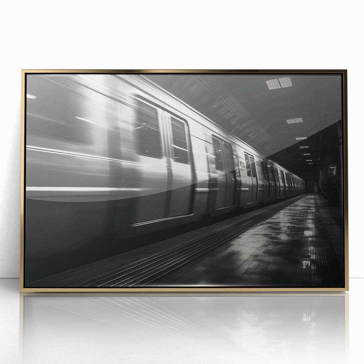 Mid-century modernist train illustration in muted earth tones on a framed acrylic, ideal for nursery wall art.