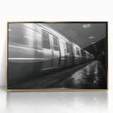 Mid-century modernist train illustration in muted earth tones on a framed acrylic, ideal for nursery wall art.