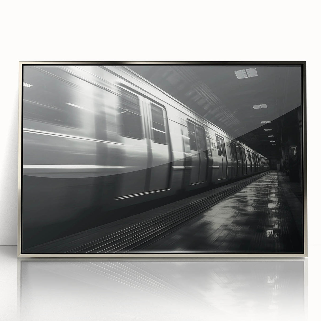 Mid-century modernist train illustration in muted grays and blues, acrylic print framed in silver.